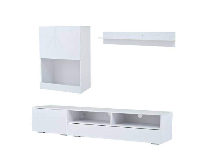 WOVREO Ensemble mural TV 3 pièces blanc brillant avec LED meuble TV armoire murale et étagère