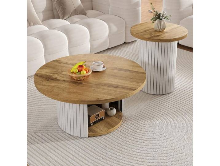 Table basse ensemble double table ronde table d'appoint avec lattes en bois naturel. Table de salon multifonctionnelle pour salon