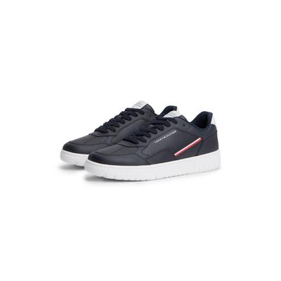 Sneaker TOMMY HILFIGER "TH BASKET CORPORATE STRIPES", Herren, Gr. 44, blau (navy, weiß), Leder, Lederimitat, Textil, kontrastfarbene Details, Schuhe Sneaker, Schnürer, Halbschuh mit Textil-Streifen, in Tommy Farben