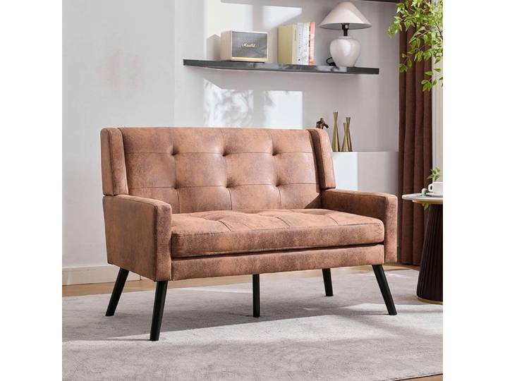Fauteuil 2 places - Fauteuil 2 places - Suède marron - Rembourrage mousse haute densité - Pieds bois massif