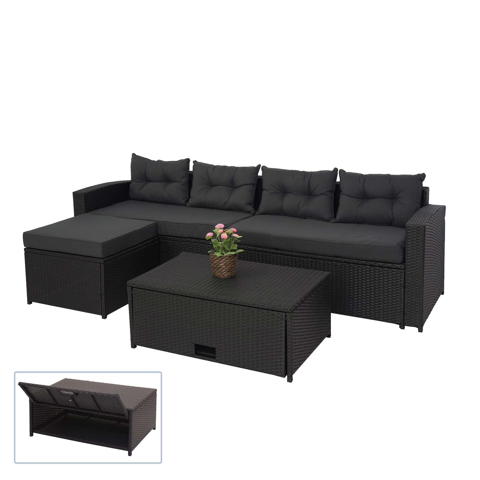 Poly-Rattan Garnitur MCW-J34, Balkon-/Garten-/Lounge-Set Sitzgruppe Sofa, Staufach ~ schwarz, Kissen dunkelgrau