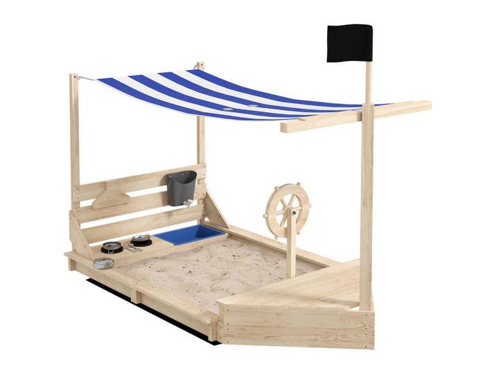 Outsunny Sandkasten Sandkiste groß mit Abdeckung im Schiff Design Matschekiste aus Holz, Naturfarben, 103x144.5x180 cm, Freizeit & Co, Outdoor-Spielzeug, Sandkasten