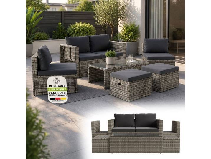 Juskys Salon de jardin lounge Salou en polyrattan gris – ensemble de mobilier extérieur