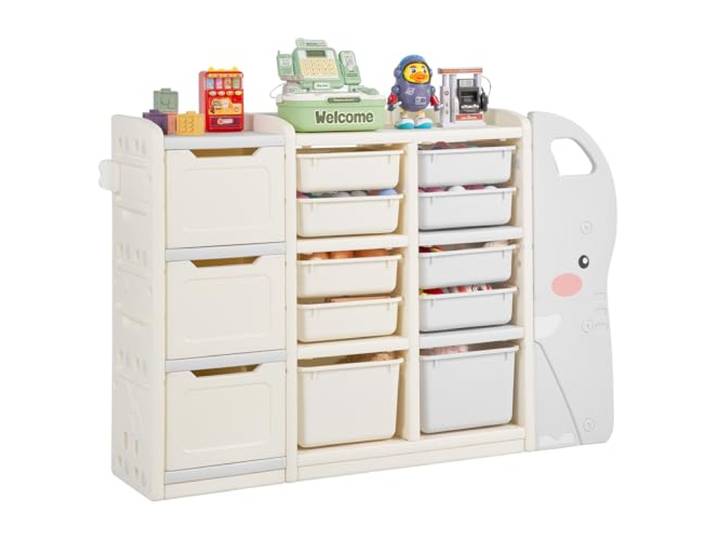 VEVOR Meuble de Rangement Jouets Enfant à 4 Niveaux en Forme d'éléphant\, étagère Organisateur de Jouets avec 10 bacs Amovibles en Plastique\, pour Salle de Jeux\, Salle de Classe\, crèche\, Gris et Beige