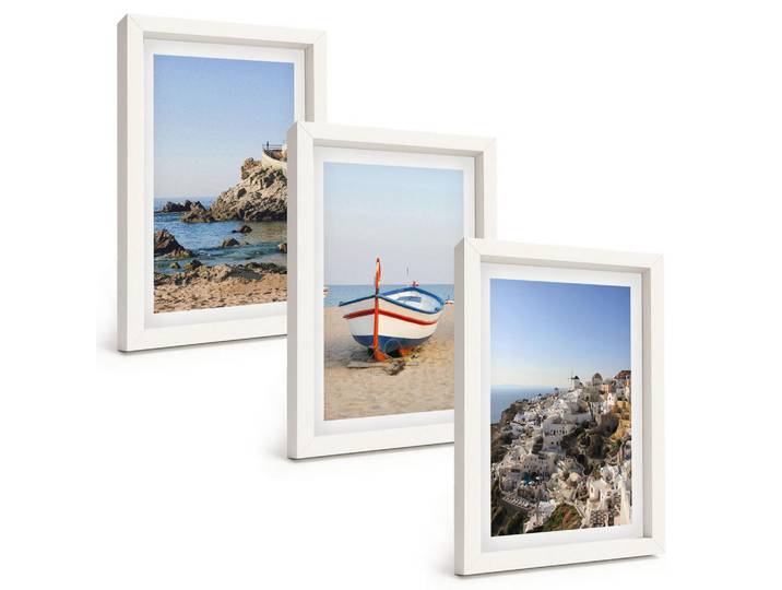 Tulup Bilder SET 3er Set - 20x30 cm Weißer Rahmen - Ansichten von Griechenland mit einem Boot und Häusern, Kunststoff, Rechteckig, 20x30 cm, einfache und schnelle Anbringung, Bilder & Rahmen, Bilder