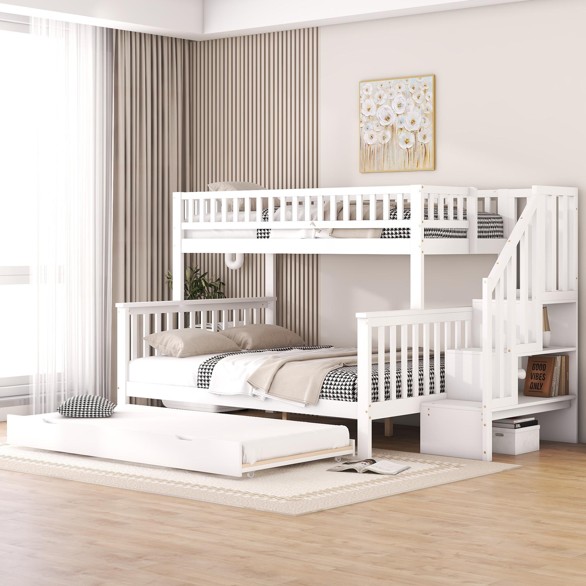 Sweiko Etagenbett, 90 x 200cm und 140 x 200cm , Bett mit Lattenrost (ohne Matratze), Kinderbett, Kiefer, Bett mit Rollcontainer und Treppe, weiß