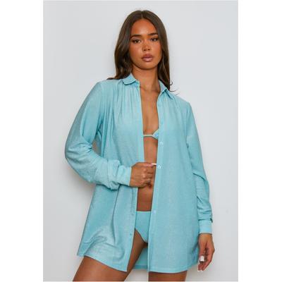 Langarmbluse MODA MINX "Lumiere", Damen, Gr. S, blau, 85% Polyester, 8% Elasthan, 7% Metall, unifarben, lang, ohne Ausschnitt, Blusen, mit tollem Schimmer