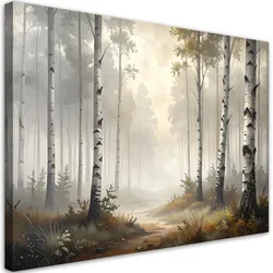 BILD auf Leinwand, Birkenwald Landschaft im Nebel Natur