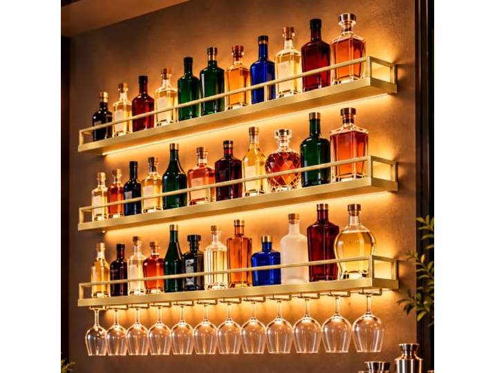 Pazcalie 160cm Wandmontiertes Weinregal mit 3 Ebenen, großes Fassungsvermögen, Weinpräsentationsregal mit Gläserhalter, modernes Weinlagerregal für Hausbar und Küche