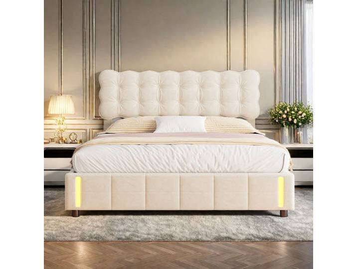 Lit Adulte 140x200 cm avec Rangement Lit Coffre avec LED Lit 2 Personne Lit Double Tissu en Velours Beige