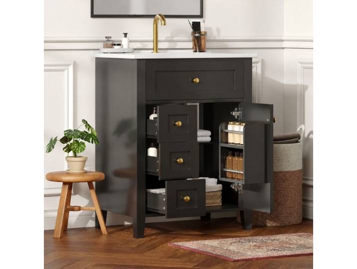 Norevia meuble vasque noir brillant de 61 cm avec vasque en céramique porte et 3 tiroirs