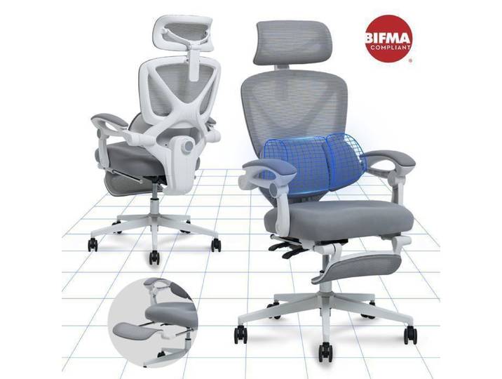 FlexiSpot Chaise de Bureau Ergonomique Appui-tête 3D Chaise avec Auto-accoudoirs et Soutien Lombaire Indépendant en C Gris