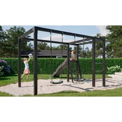 Garten Kinderspielplatz - Model 1 im Maß 198 x 198 x 208 cm - Garten-Kinderspielplatz aus Kiefer/Fichte, schwarz - Spielplatz für den Garten