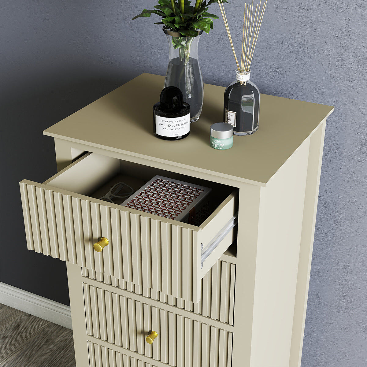 Tall 5 Drawer Bedside Table - Hales Taupe Range Manufactured Wood, Metal