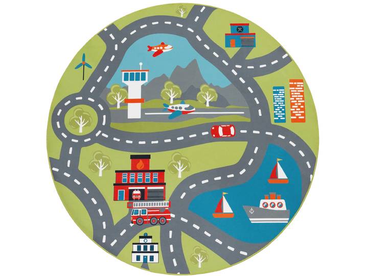 Kinderteppich PACO HOME Bino 562 , grün, H:4mm Ø:160cm, Polyester, Teppiche, Kinderteppich, Kurzflor, Strassen-Spiel-Teppich, Motiv Flughafen, Kinderzimmer