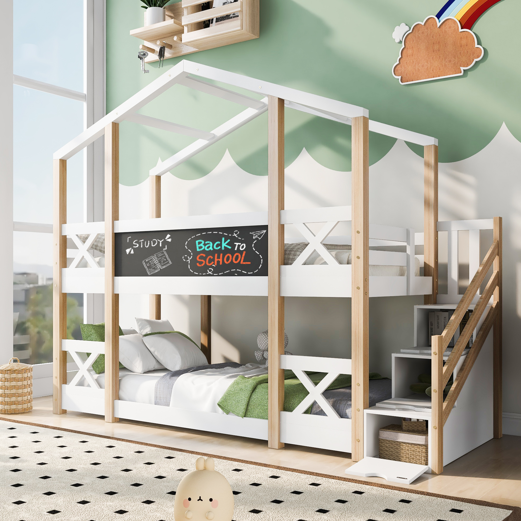 Merax Etagenbett 90x200cm mit Rausfallschutz und Treppe inkl. 3 Schubladen, Kieferholz Hochbett Hausbett Kinderbett für 2 Kinder