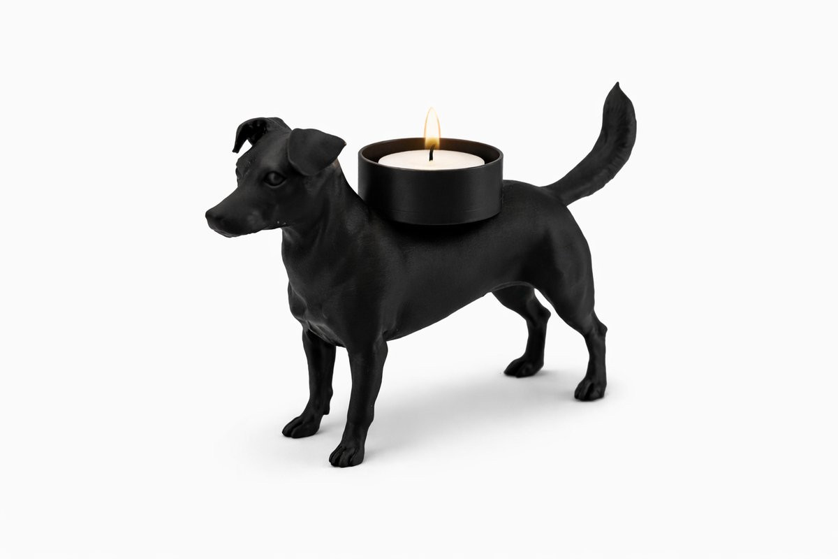 Boerenfox waxinelichthouder met trouwe hondenfiguur en LED-licht, Zwart