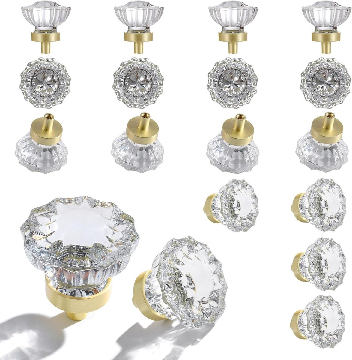 Set van 16 Kristallen Lade Trekkers met Vintage Bloemdesign in Geborsteld Goud