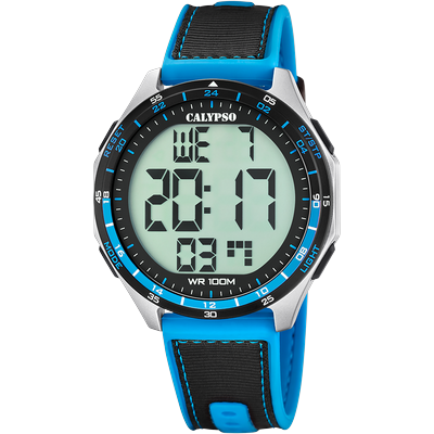 Chronograph CALYPSO WATCHES "Urban Digital", blau (blau, schwarz), Armbanduhren, Herren, silberfarben-schwarz-blau, Chronograph, Quarzuhr, Armbanduhr, Herrenuhr, digital, Tag, Wochentag, Monat, Jahr