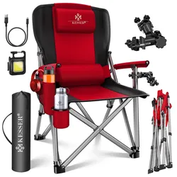 KESSER® Campingstuhl faltbar bis 160 kg   Angelstuhl Faltstuhl Klappstuhl Gepolstert mit Armlehnen   Campinglicht und Getränkehalter + Tasche mit hoher Rückenlehne   Strandstuhl mit Angelhalterung