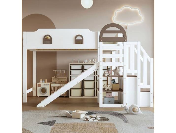 DRIPEX Lit enfant 90x200cm avec toboggan et escalier avec main courante devant Lit superposé design polyvalent Blanc