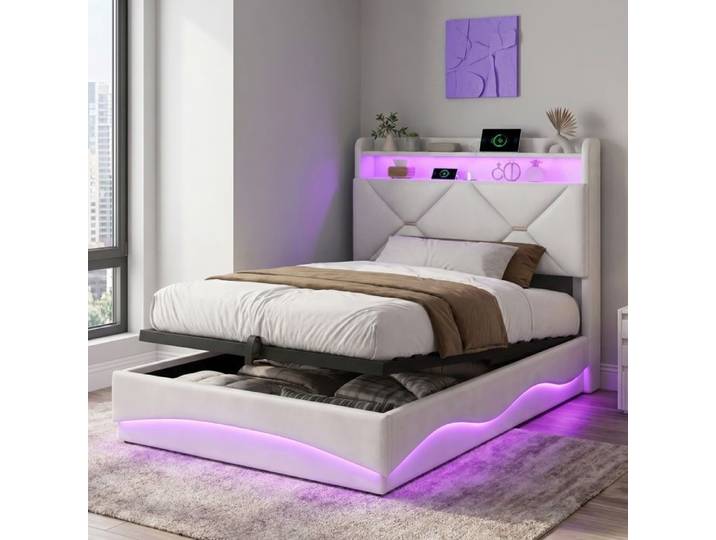 Lit Coffre Rembourré 90x200 cm Lit rembourré pour enfants Lit 90x200 Espace de Rangement Hydraulique Lit Simple Sommier Beige