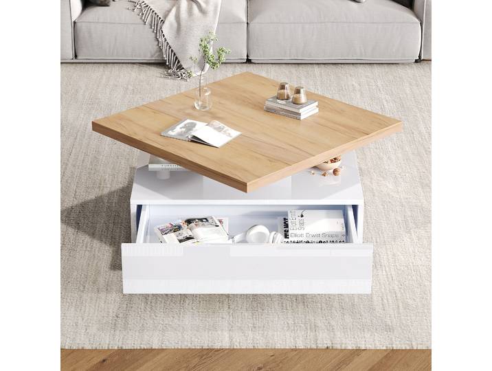KOMHTOM Carré 360 ° Tiroir à café pivotant blanc haute brillance, centre à 2 étages, table pivotante/armoire de rangement