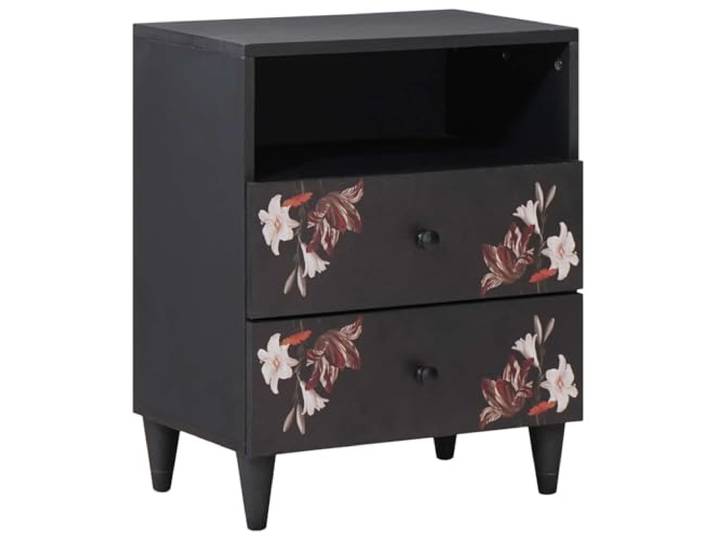 KUTYWEXFM Nachttisch Massivholz Mango Mehrfarbig 50x33x60 cm Eleganter Beistelltisch fürs Schlafzimmer mit Blumendekor, Messingknöpfen und geräumiger Schublade.