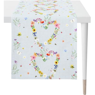 Tischläufer APELT "6816 SPRINGTIME, Frühjahrsdeko, Frühling", bunt (hellblau, bunt), B:46cm L:140cm, Baumwolle, Polyester, Tischdecken, Digitaldruck, mit Motiv in Herzform, aus Frühlingsblumen
