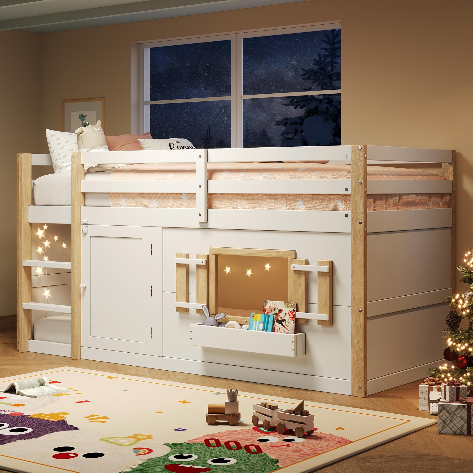 Merax Kinderbett Etagenbett 90x200cm mit Leiter und Lattenrost, multifunktionales Hochbett mit Spielfläche darunter,Spielbett mit Fenster und Tür,Weiß
