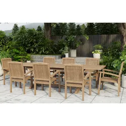 OUTFLEXX Ontario/Washington Garten-Essgruppe, natur, Teak, 195/295 x 90 cm, 8x Stapelsessel