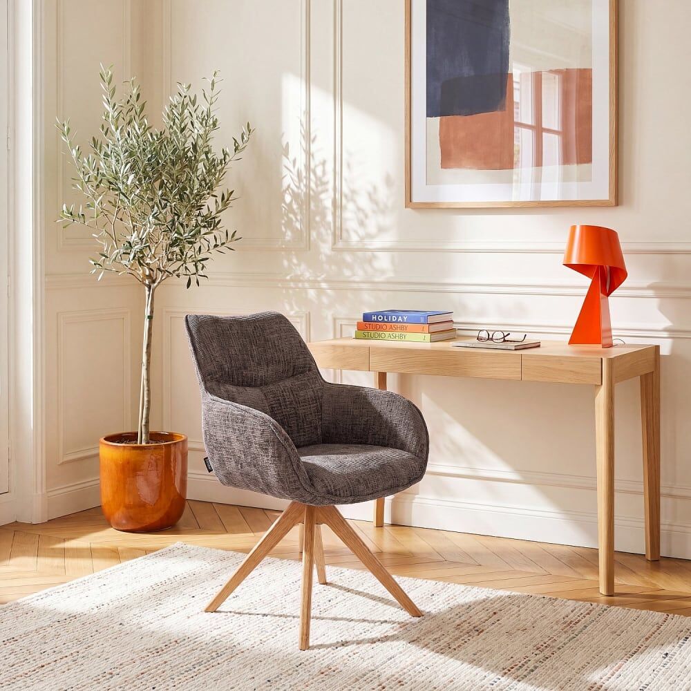 Habitat Chaise de bureau pivotante en tissu chenille et chêne massif Taupe 60x88x65cm