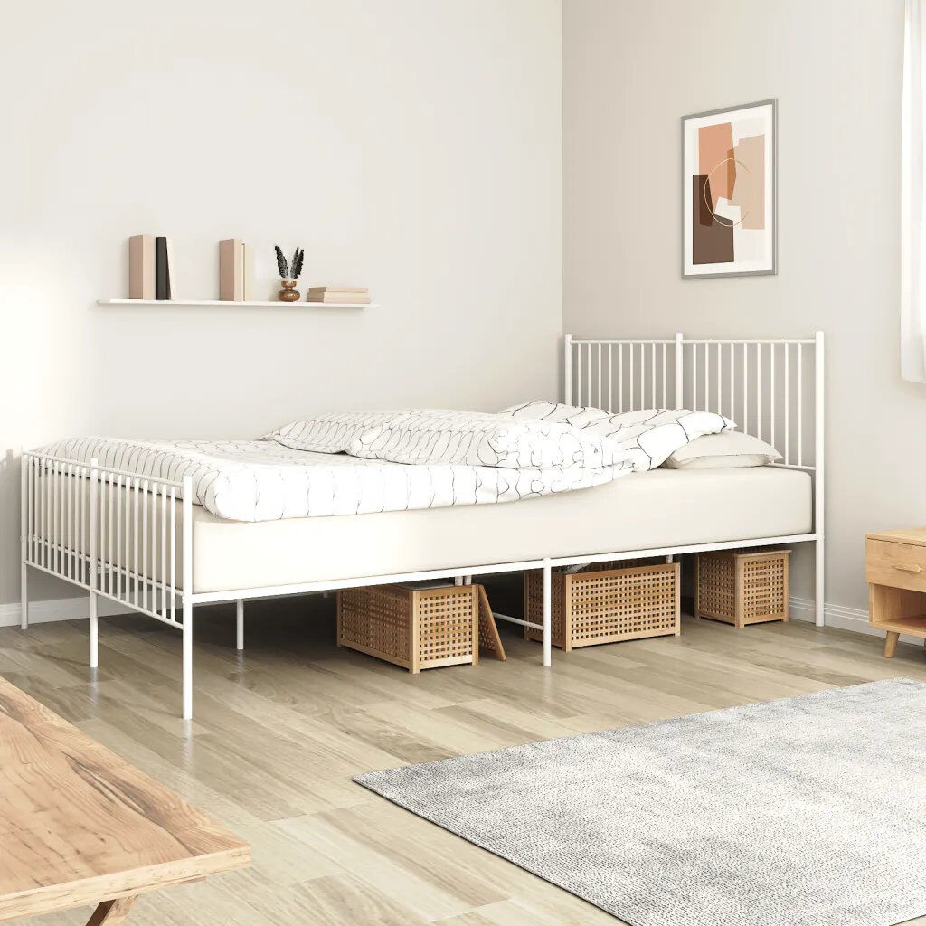 Ebern Designs Metal Bed Frame with Headboard and Footboard White White King (5')
