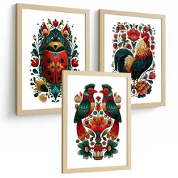 POSTER 3er-Set Kunstdrucke im Folk-Stil, dekorative Tier Blumenmotive, farbenfrohe Kunstposter für Zuhause, Wohnzimmer, Badezimmer Rahmenlos A3