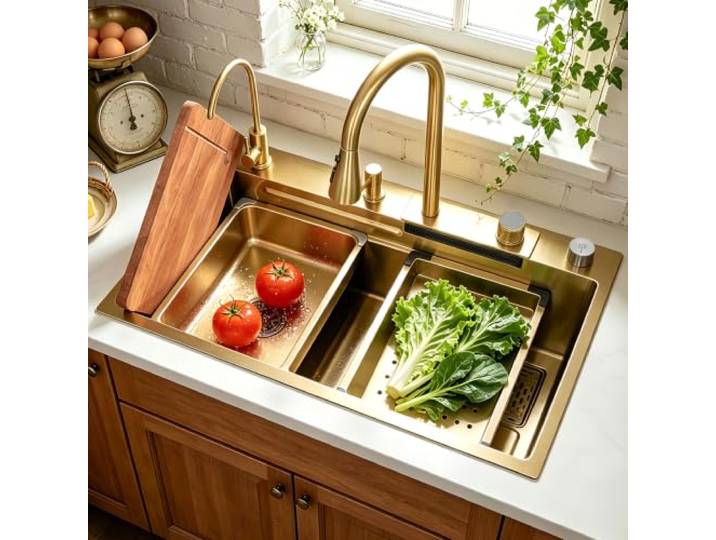 DSMRLEOP Waschbecken Küchenspüle, 1 Becken Gold Spülbecken Mit Ausziehbar Wasserhahn, Glasspüler Und Sämtlichem Zubehör, Küchenspüle Edelstahl Rechteck, Intelligentes Wasserfall-Waschbecken(75x50cm)