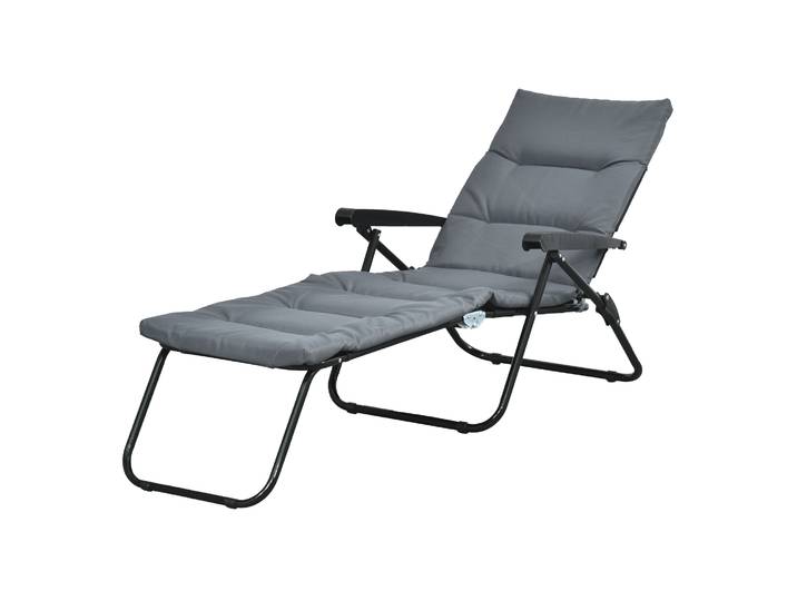Outsunny Outsunny Bain de soleil pliable transat inclinable 6 positions avec matelas + accoudoirs acier polyester gris