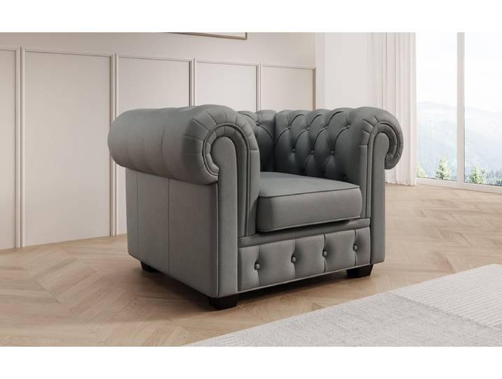 Chesterfield Sessel Royal in Echtleder - Grau - Echtleder - Luxusbetten24