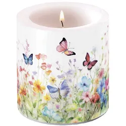 Ambiente Stumpenkerze Paraffin 7,5x9cm mit Schmetterlingen & Blumen Motiv - Tischkerze Blockkerze Zylinderkerze Kerzendeko Frühling Sommer Dekokerze Weiß Bunt