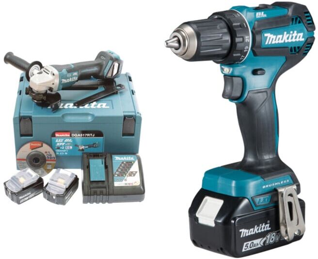 Set Makita Akku-Winkelschleifer DGA517RTJ, 18 V, 5,0 Ah mit Paddleschalter, 2 Akkus und Ladegerät, im MAKPAC + Makita Akku-Bohrschrauber 18V / 5,0 Ah DDF485RTJ