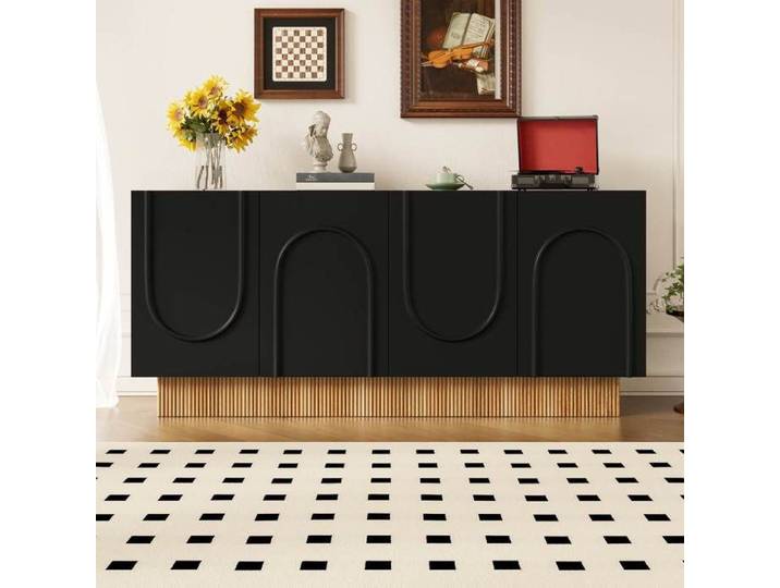 Buffet bas - LEMONBEST - Buffet 4 portes 160 cm - Noir - Aspect bois - Contemporain