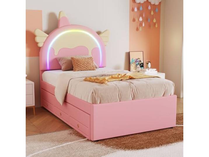 Moimhear 90 * 200cm Cartoon Kinderbett, Einhornform, ausgestattet mit ausziehbares rollbett, PU-Material, rosa