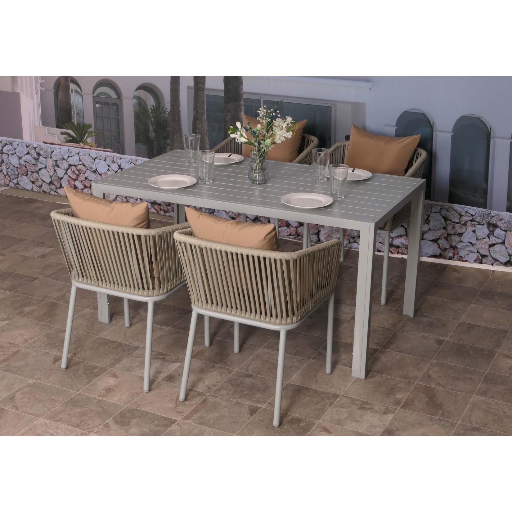 Gartengarnitur MCW-N41, Tisch+4xStuhl, wetterfest Alu 140x80cm, Seilgeflecht Rope ~ grau Kissen taupe