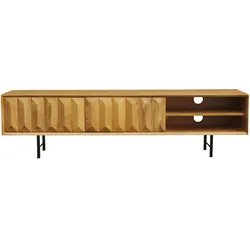 TV-Möbel aus hellem massivem Mangoholz mit Relief und schwarzem Metall B160 cm AGRA