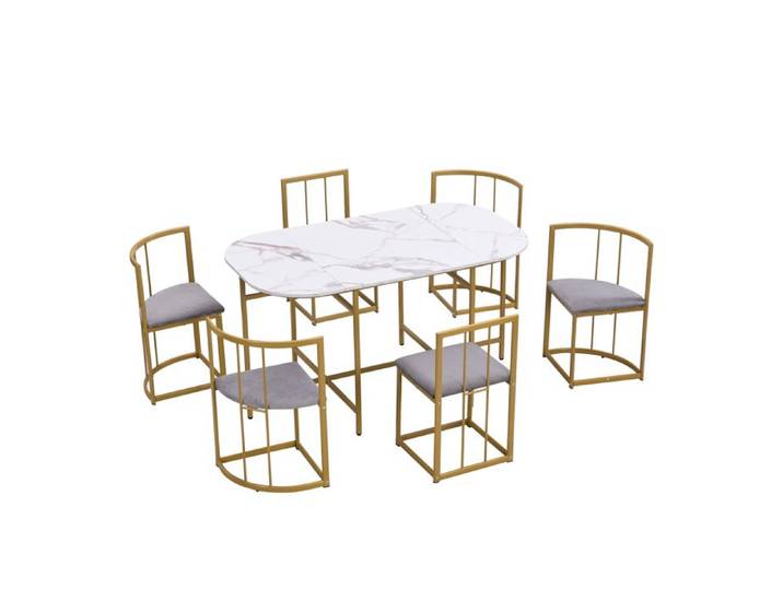 Table à manger avec chaises 6 personnes avec 6 chaises MDF blanc cadre métal doré velours gris