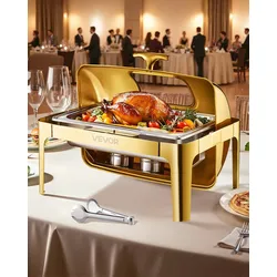 VEVOR Chafing Dish Set Speisenwärmer Edelstahl mit Pfannen in voller Größe (8,5 L), rechteckiger Wärmespender mit sichtbarem Deckel & Wasserpfannenständer & Brennstoffhalter, für Partys Gold