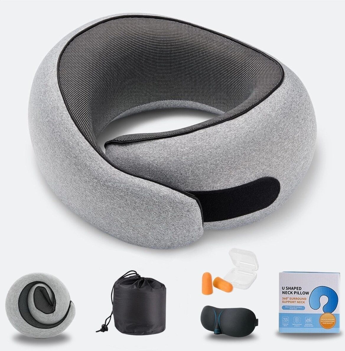 INF Oreiller de voyage en mousse à mémoire en U avec tissu de thérapie magnétique, confort à rebond lent, inclut masque pour Gris