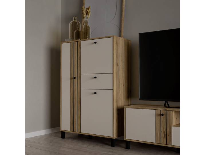 Highboard FORTE Killarney , beige (mauvella eiche, kashmir beige), B:88,1cm H:131,8cm T:42cm, Dekorfolie, Holzwerkstoff, MDF, Metall, Sideboards, Highboard, Highboard, Soft Close, Stauraum