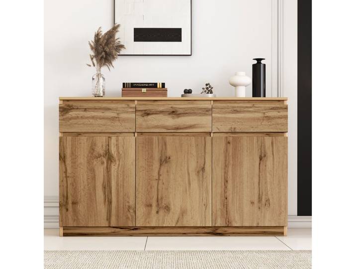 Buffet bas couleur bois 135 x 40 x 81 cm 3 portes 3 tiroirs étagères réglables anti-basculement