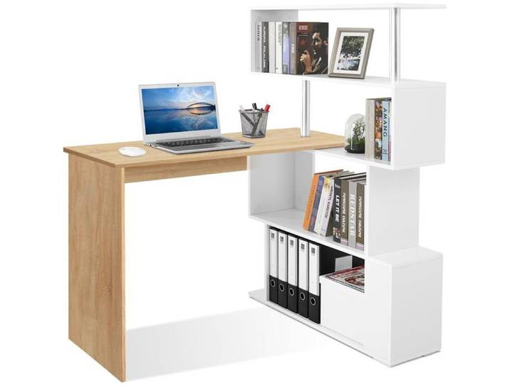 Bureau d'angle Bureau avec Rangement 157 x 45cm Chêne et Blanc Bureau Enfant avec Étagère à 4 niveaux Angle Réglable Espace