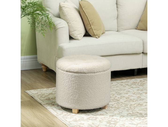 HOMCOM Tabouret Rangement Rond Pieds Bois Crème